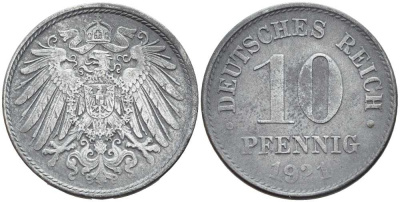 ГЕРМАНИЯ 10 ПФЕННИГОВ 1921 KM 26, J. 299 цинк 4401-216
