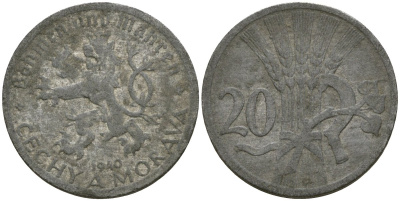 Богемия и Моравия 20 геллеров 1940 германский протекторат KM 2 цинк 4132-126