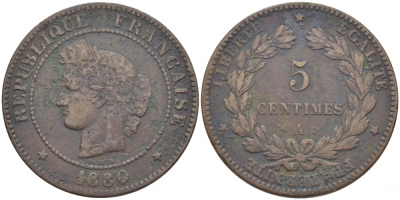 ФРАНЦИЯ 5 САНТИМОВ 1880 A, ТРЕТЬЯ РЕСПУБЛИКА (1871-1940) KM 821.1, LE FRANC 118.22 бронза 4448-136