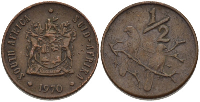 ЮАР 1/2 цента 1970 два капских воробья на ветке KM 81 бронза 66-313