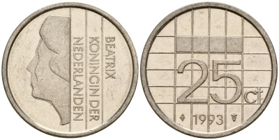 Нидерланды 25 центов 1993 Беатрикс (1980-2013) KM 204 никель    4598-322
