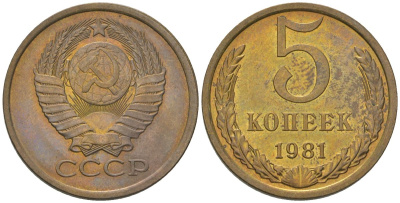 СССР 5 копеек 1981 KMKM 129a, Schon 78 латунь BUNC 4603-931