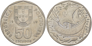 ПОРТУГАЛИЯ 50 ЭСКУДО 1989 КОРАБЛЬ KM 636 медно-никель 32-1224
