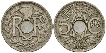 Франция 5 сантимов 1922 KM 875 медно-никель 4164-336