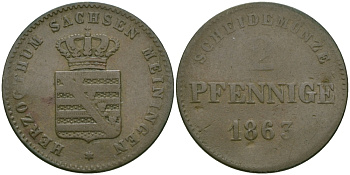 Саксен-Мейнинген 2 пфеннига 1863 Бернгард II (1803-1866) KM 171 медь 99-643