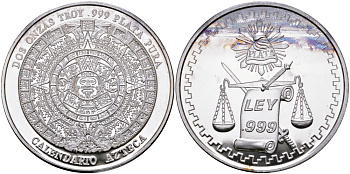 Мексика 2 унции ND Ацтекский календарь, весы правосудия, диаметр 48 мм., вес 2 тройские унции серебро PROOF 00-00