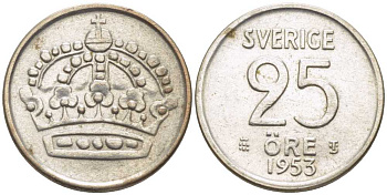Швеция 25 эре 1953 TS, Густав VI Адольф (1950-1973) KM 824 серебро 116-1148