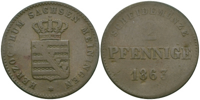 Саксен-Мейнинген 2 пфеннига 1863 Бернгард II (1803-1866) KM 171 медь 99-643
