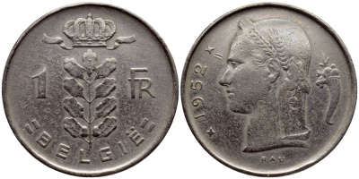 Бельгия 1 франк 1952 Belgie, Бодуэн I (1951-1993) KM 143.1 медно-никель 4390-1143