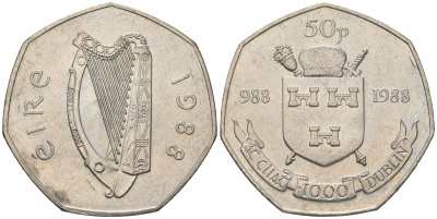 Ирландия 50 пенсов 1988 Тысячелетие Дублина KM 26 медно-никель UNC 4619-711