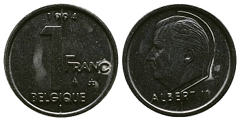 БЕЛЬГИЯ 1 ФРАНК 1994 BELGIQUE, АЛЬБЕРТ II (1993-) KM 187 железо плакированное никелем 4384-734