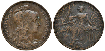 ФРАНЦИЯ 10 САНТИМОВ 1908 ТИП ДАНИЭЛЬ ДЮПЮИ KM 843, LA FRANC 136.18 бронза 72-1716