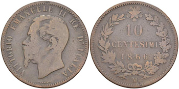 ИТАЛИЯ 10 ЧЕНТЕЗИМО 1866 M, МОНДВОР МИЛАН, ВИКТОР ЭММАНУИЛ II (1861-1878) KM 11.1 медь 4526-736