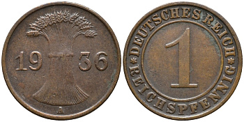 Германия 1 рейхспфенниг 1936 A KM 37 бронза 44-1255