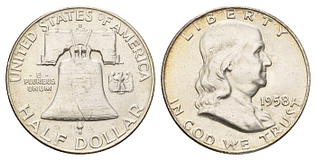 США 1/2 доллара (50 центов) 1958 D, Бенджамин Франклин, колокол KM 199 серебро aUNC 1529-442