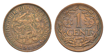 Нидерланды 1 цент 1919 Вильгельмина (1890-1948) KM 152 бронза 75-547