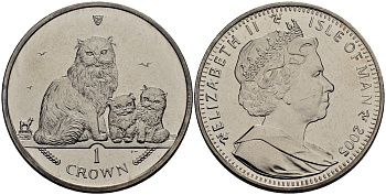 Остров Мэн 1 крона 2005 гималайская кошка с котятами КМ 1266 медно-никель UNC 118-234