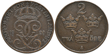 Швеция 2 эре 1909 Густав V (1907-1950) KM 778 бронза 63-1052