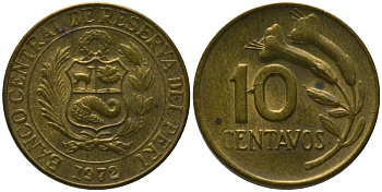 Перу 10 сентаво 1972 KM 245.2, Schon 50 латунь 4532-353