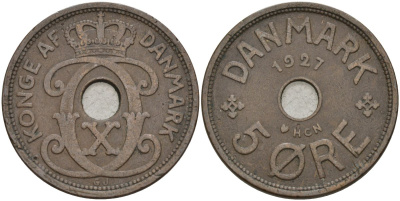 Дания 5 эре 1927 HCN, Кристиан X (1912-1947) KM 828 бронза 4148-213