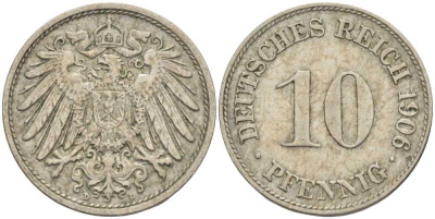 ГЕРМАНИЯ 10 ПФЕННИГОВ 1906 D KM 12, J. 13 медно-никель 34-833