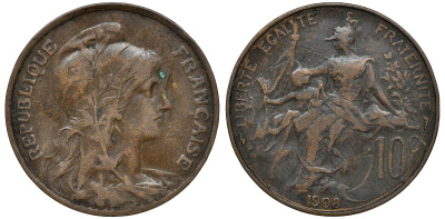 ФРАНЦИЯ 10 САНТИМОВ 1908 ТИП ДАНИЭЛЬ ДЮПЮИ KM 843, LA FRANC 136.18 бронза 72-1716