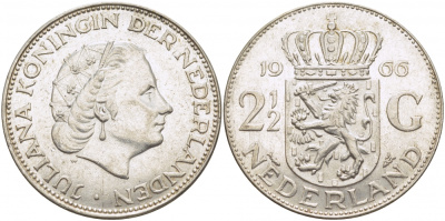 Нидерланды 2 1/2 гульдена 1966 Юлиана (1948-1980) KM 185 серебро 114-912