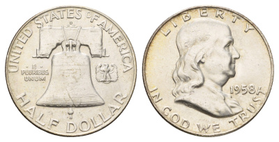 США 1/2 доллара (50 центов) 1958 D, Бенджамин Франклин, колокол KM 199 серебро aUNC 1529-442