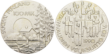 Финляндия 100 марок 1990 50 лет ассоциации ветеранов войны KM 67 серебро UNC 1523-644