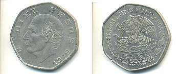 МЕКСИКА 10 ПЕСО 1978 МАНУЭЛЬ ХИДАЛЬГО КАСТИЛЬЯ KM 477.2 медно-никель 86-1542