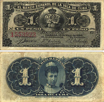 Куба 1 песо 1896 серия G, королева регент Мария Кристина, Испанский банк для Кубы Pick 47a  бумага   8614-18-2-2