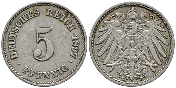 Германия 5 пфеннигов 1897 E KM 11, Jager 12, Weege 6 медно-никель 3334-1259
