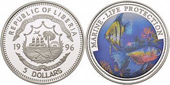 Либерия 5 долларов 1996 серия охрана морской среды, морские виды, цветная эмаль, тираж 5000 экз. серебро PROOF 11-093-35