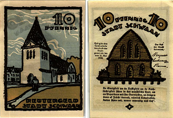 ШВАН 10 ПФЕННИГОВ 1922 НОТГЕЛЬД, 31 МАЯ 1922, ЗЕМЛЯ МЕКЛЕНБУРГ ПЕРЕДНЯЯ ПОМЕРАНИЯ Grabowski 1203.2 бумага 7547-93-2-2