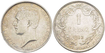 Бельгия 1 франк 1912 Альберт I (1909-1934), Der Belgen KM 73.1 серебро 202-1123