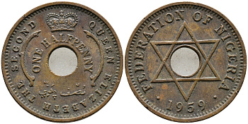 Нигерия 1/2 пенни 1959 Елизавета II (1952-), Британский протекторат KM 1 бронза 4387-457