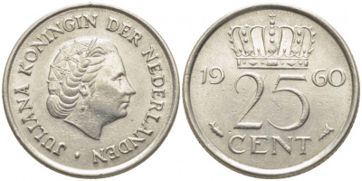 НИДЕРЛАНДЫ 25 ЦЕНТОВ 1960 ЮЛИАНА KM 183 никель 112-314