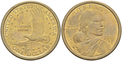США 1 доллар 2000 Р, индианка Сакагавея KM 310 медь с марганцево-латунным покрытием 4111-846