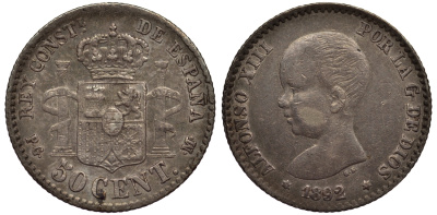 ИСПАНИЯ 50 СЕНТИМО 1892 (92) P.G-M, АЛЬФОНСО XIII КМ 690 серебро 1521-112