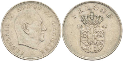 Дания 1 крона 1961 C; S, Фредерик IX (1947-1972) KM 851 медно-никель 38-522