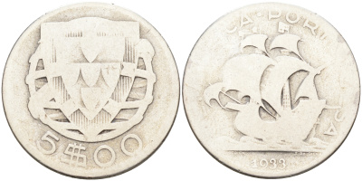 Португалия 5 эскудо 1933 KM 581 серебро 4589-836