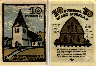 ШВАН 10 ПФЕННИГОВ 1922 НОТГЕЛЬД, 31 МАЯ 1922, ЗЕМЛЯ МЕКЛЕНБУРГ ПЕРЕДНЯЯ ПОМЕРАНИЯ Grabowski 1203.2 бумага 7547-93-2-2