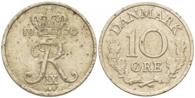 ДАНИЯ 10 ЭРЕ 1970 C; S, ФРЕДЕРИК IX (1947-1972) KM 849.1 медно-никель 3309-156