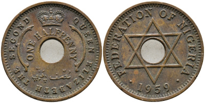 Нигерия 1/2 пенни 1959 Елизавета II (1952-), Британский протекторат KM 1 бронза 4387-457