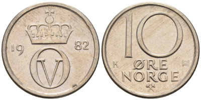 Норвегия 10 эре 1982  КМ 416 медно-никель    4169-331