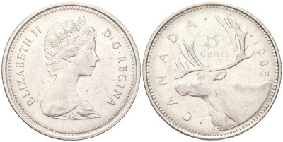 Канада 25 центов 1985 Елизавета II, олень KM 74 никель 4143-315