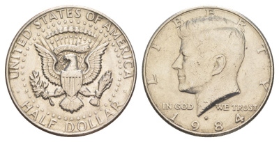 США 1/2 доллара (50 центов) 1984 D, Джон Кеннеди KM A202b медь плакированная медно-никелем aUNC 4367-942