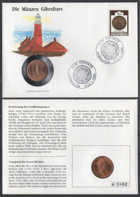 Гибралтар 2 пенса 1990 в конверте с маркой (КПД - Конверт первого дня Гашения) KM 21 бронза UNC 9003-63