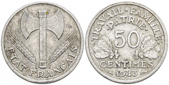 ФРАНЦИЯ 50 САНТИМОВ 1943 ПРАВИТЕЛЬСТВО ВИШИ KM 914.1, LE FRANC 196.1 алюминий 3955-639
