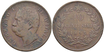 ИТАЛИЯ 10 ЧЕНТЕЗИМО 1893 R, УМБЕРТО I (1878-1900) KM 27.1 медь 111-826
